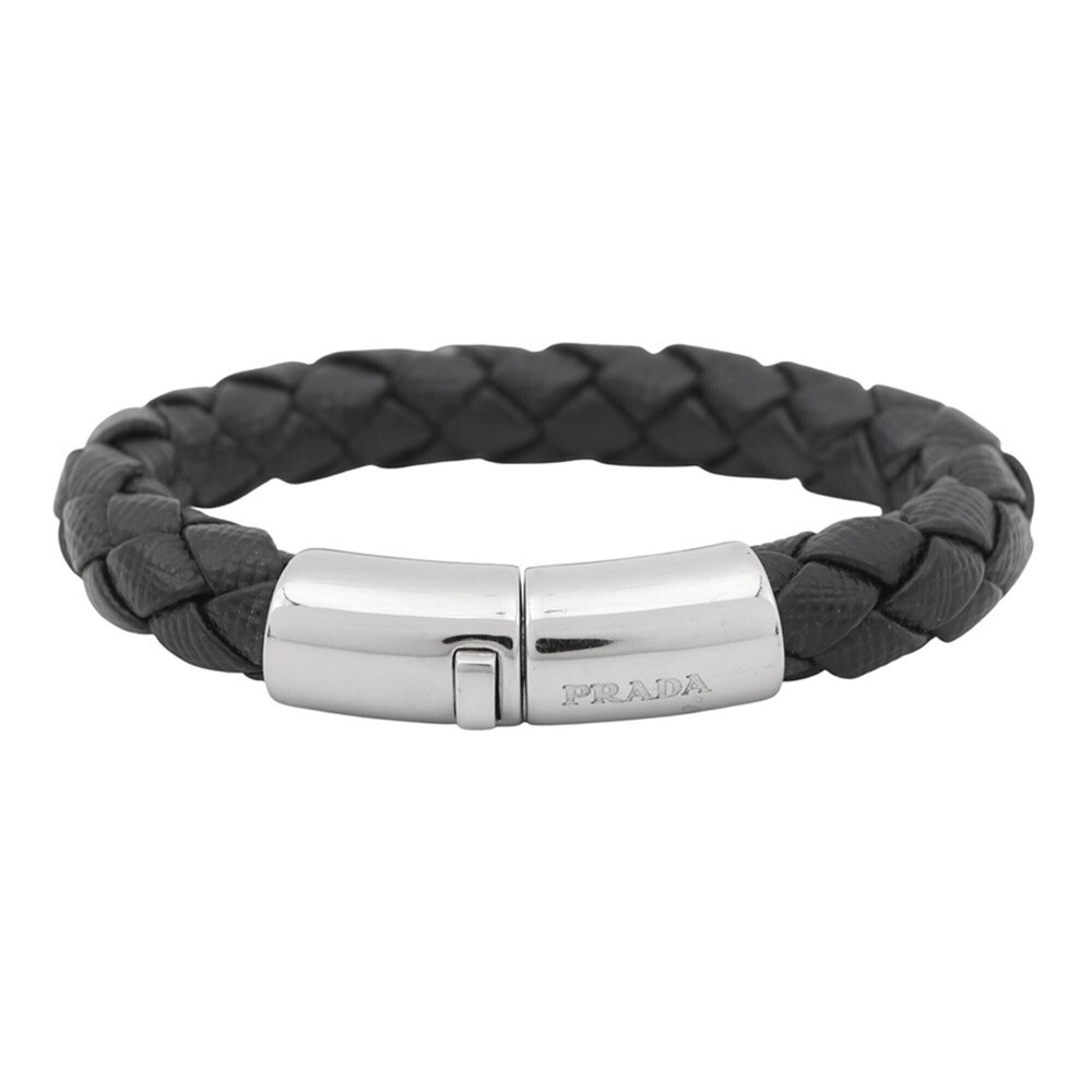 PRADA Black Leather Saffiano Charm Bracelet